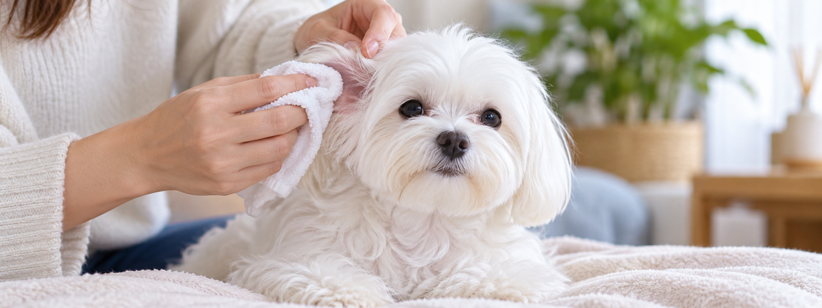 Perro tranquilo mientras le limpian suavemente la parte externa de la oreja