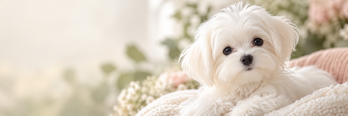 Cachorro bichón maltés blanco tranquilo para una guía sobre el cuidado de las manchas lagrimales