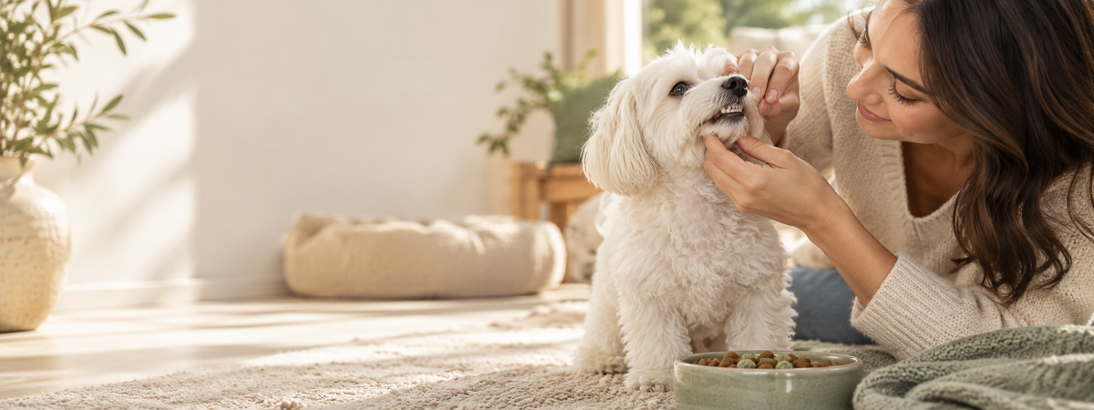 Perro pequeño durante una revisión dental suave en casa, imagen panorámica para una guía de higiene bucodental.
