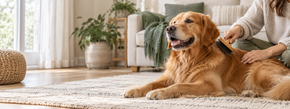 Perro adulto de pelo dorado disfrutando de un cepillado tranquilo en casa, en formato panorámico.