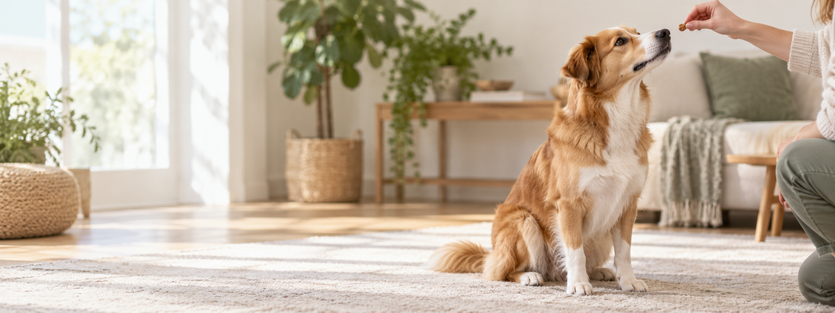 Cachorro pequeño junto a su cuenco de alimento en una casa luminosa, imagen panorámica.
