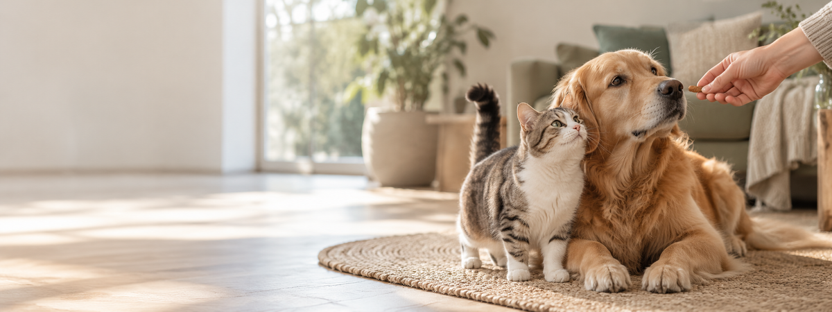 Perro y gato compartiendo un momento tranquilo de premio en casa, fotografía panorámica.