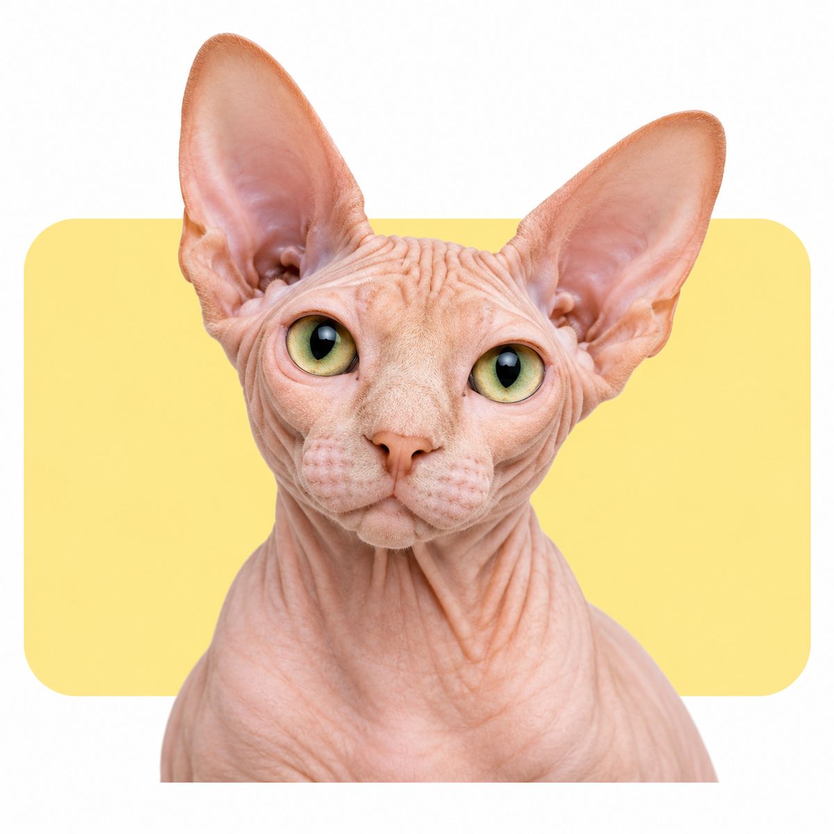Gato sphynx con fondo amarillo suave — línea Holy Cat