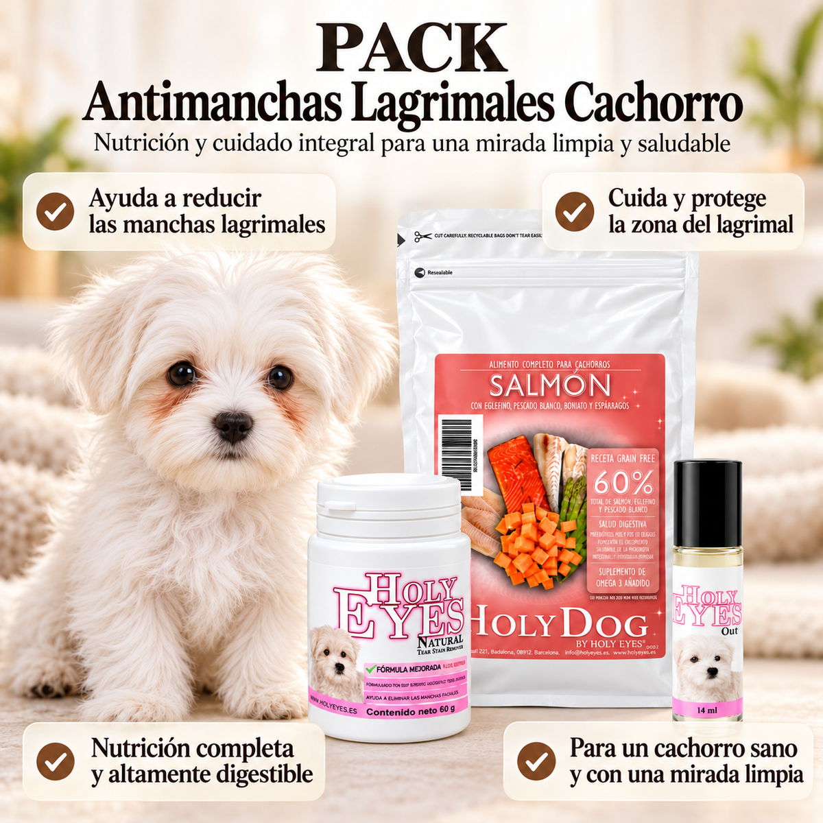 Pack para cachorro con productos Holy Eyes y alimento Holy Dog