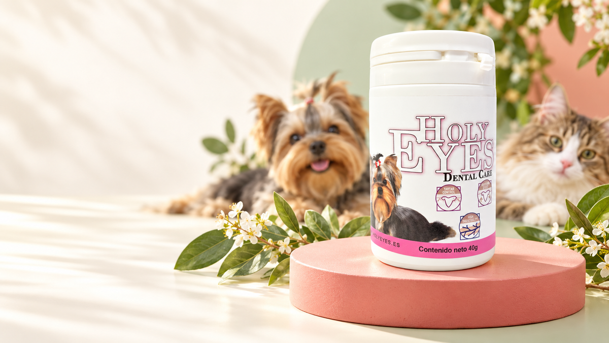 Bote real Holy Eyes Dental Care con perro y gato