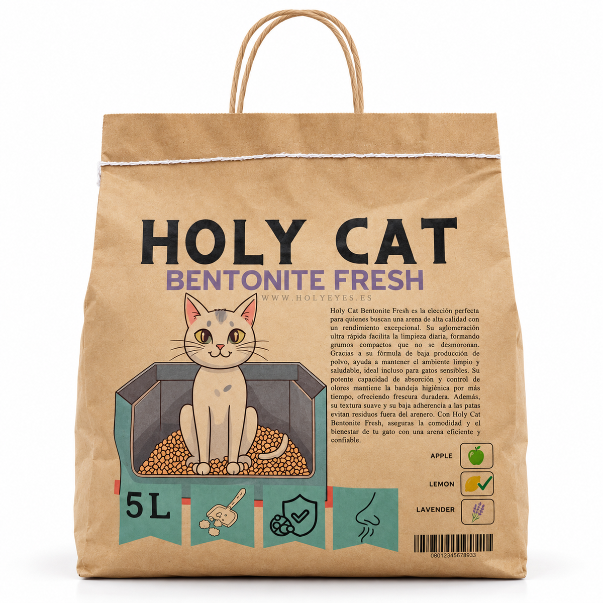 Envase Holy Cat Bentonite Fresh con aroma limón, bolsa de 5 litros