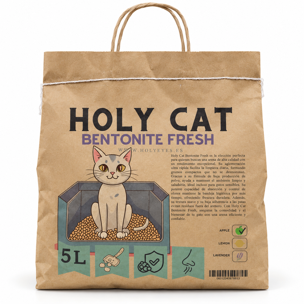 Envase Holy Cat Bentonite Fresh con aroma manzana, bolsa de 5 litros