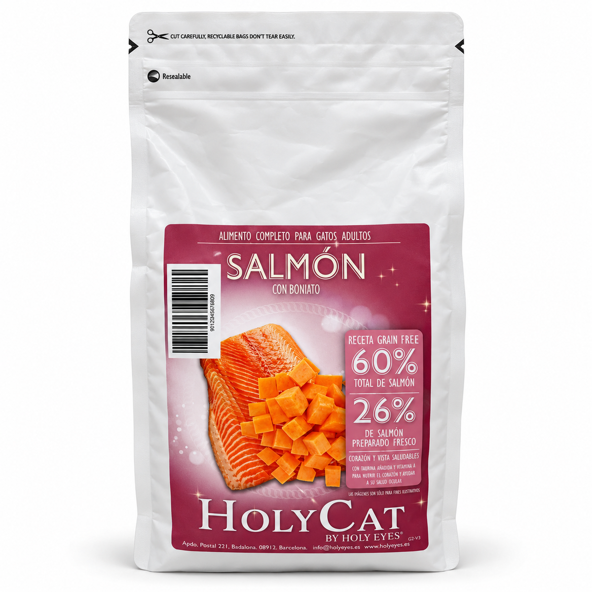 Holy Cat GF adulto salmon boniato · envase de producto