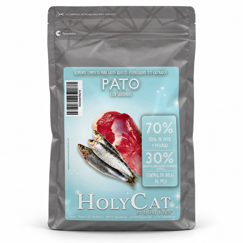 Holy Cat GF Care esterilizado pato sardinas · envase de producto