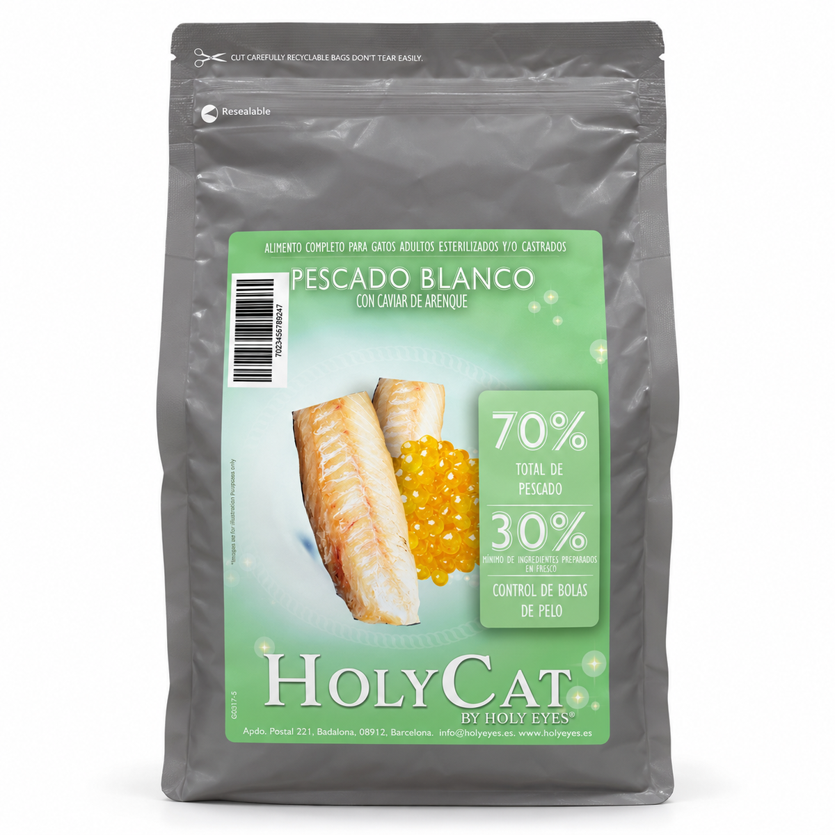 Holy Cat GF Care esterilizado pescado blanco caviar arenque · envase de producto