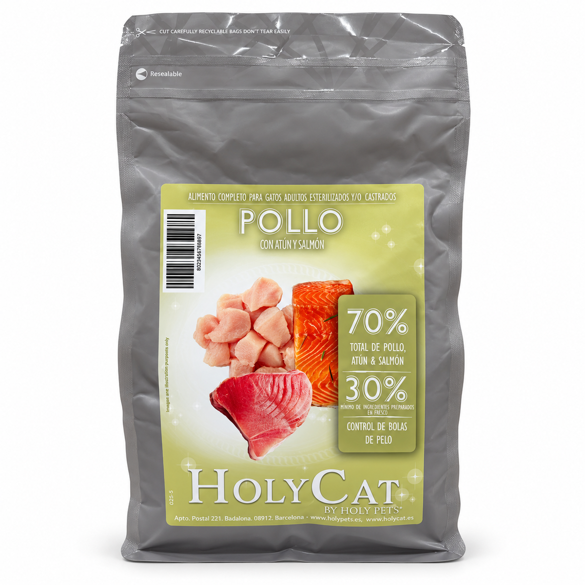 Holy Cat GF Care esterilizado pollo atun salmon · envase de producto