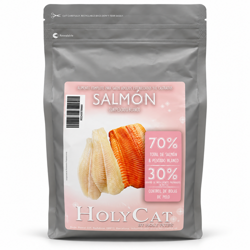Holy Cat GF Care esterilizado salmon pescado blanco · envase de producto