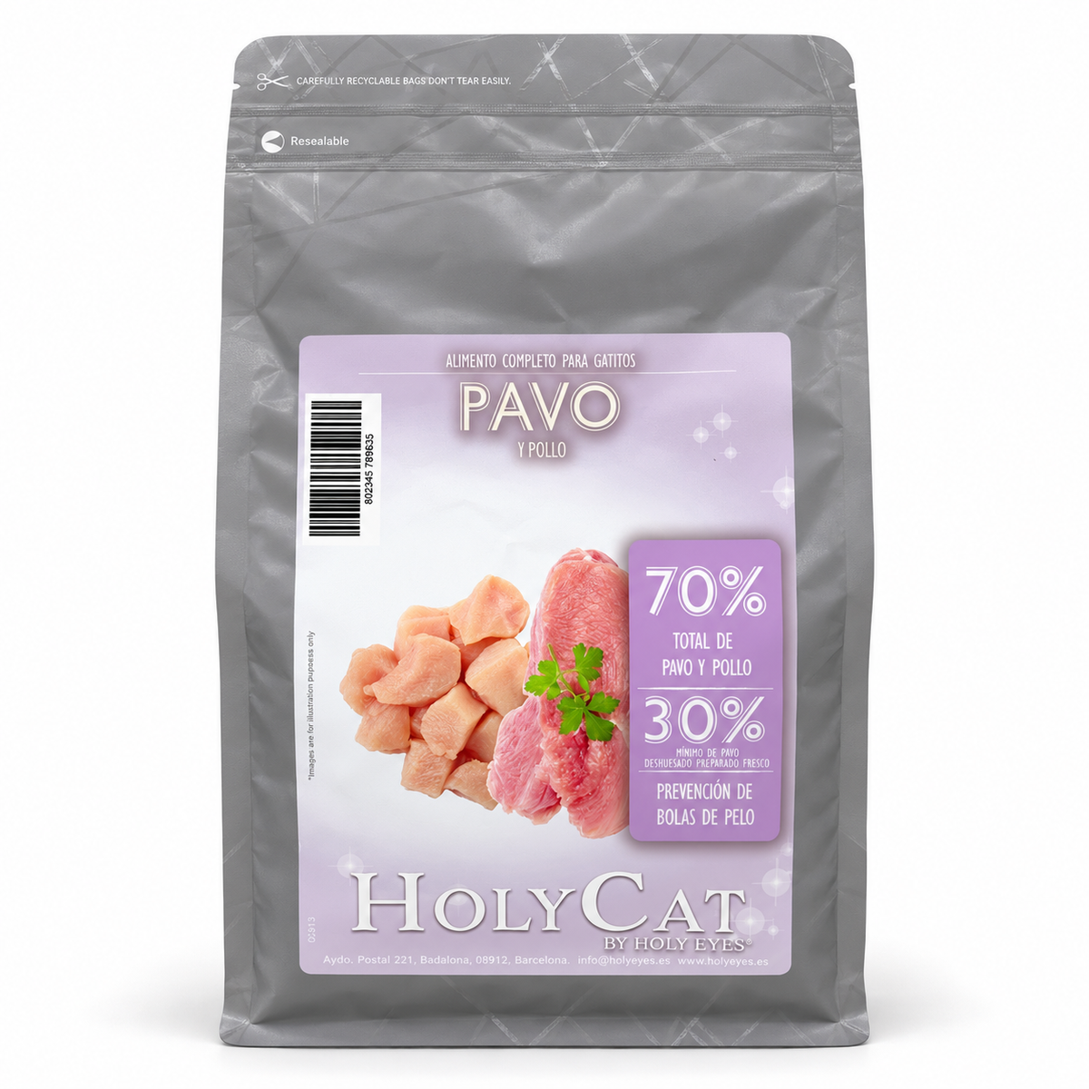Holy Cat GF Care gatito pavo pollo · envase de producto