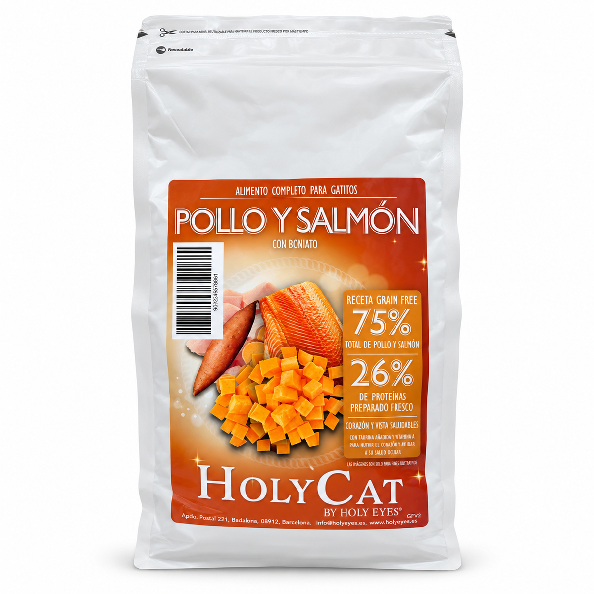 Holy Cat GF gatito pollo salmon · envase de producto