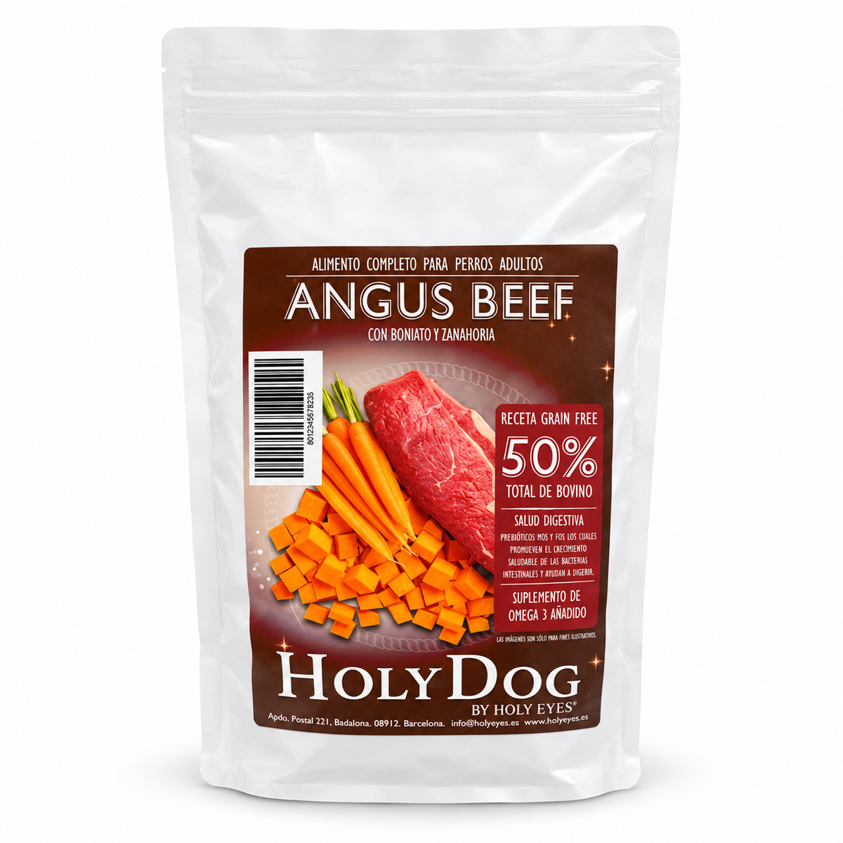 Envase Holy Dog Grain Free Adulto · Angus Beef con Boniato y Zanahoria