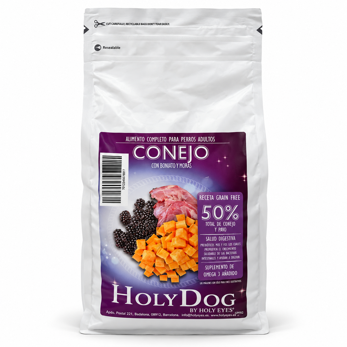 Envase Holy Dog Grain Free Adulto · Conejo con Boniato y Moras
