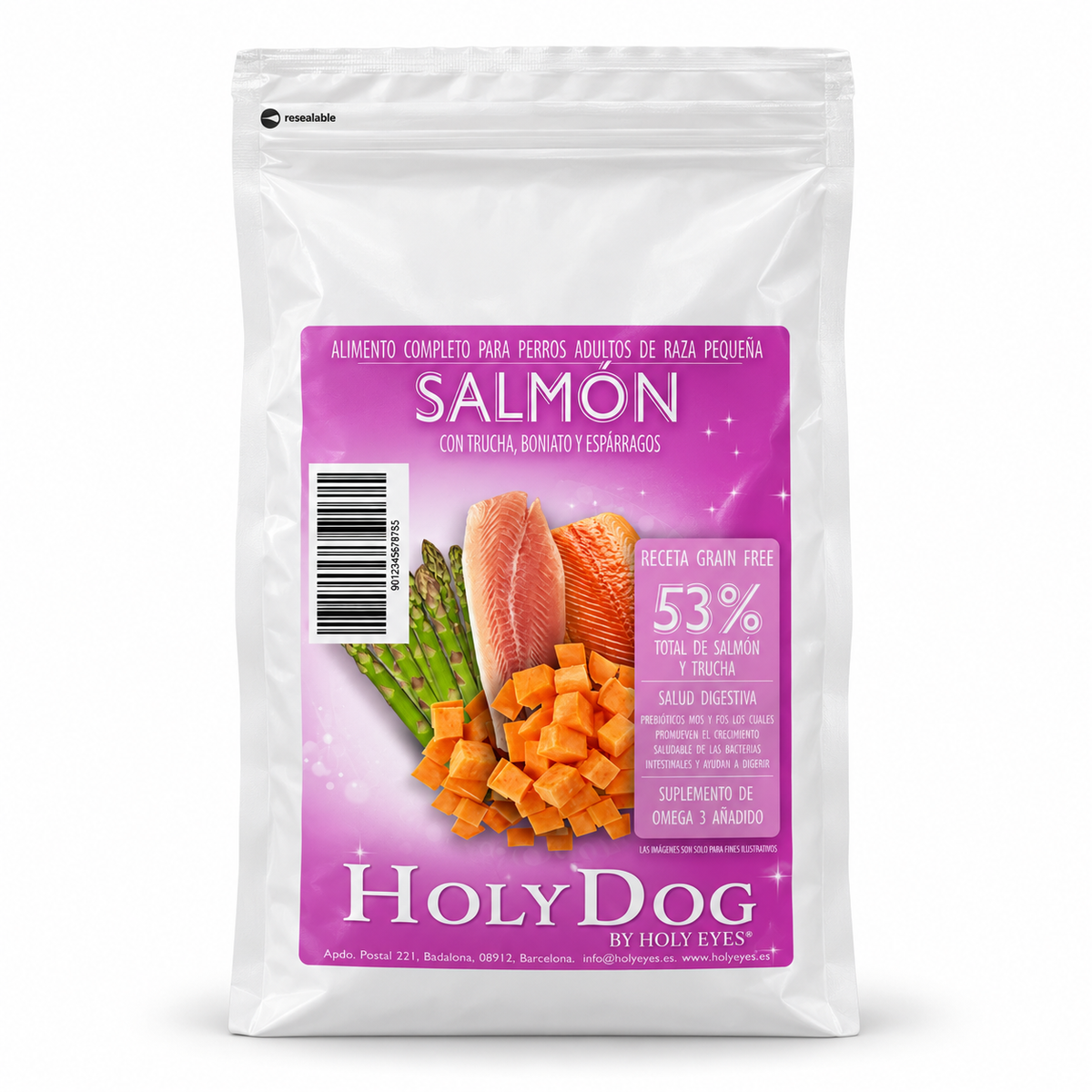 Envase Holy Dog Grain Free Adulto Raza Pequeña · Salmón y Trucha