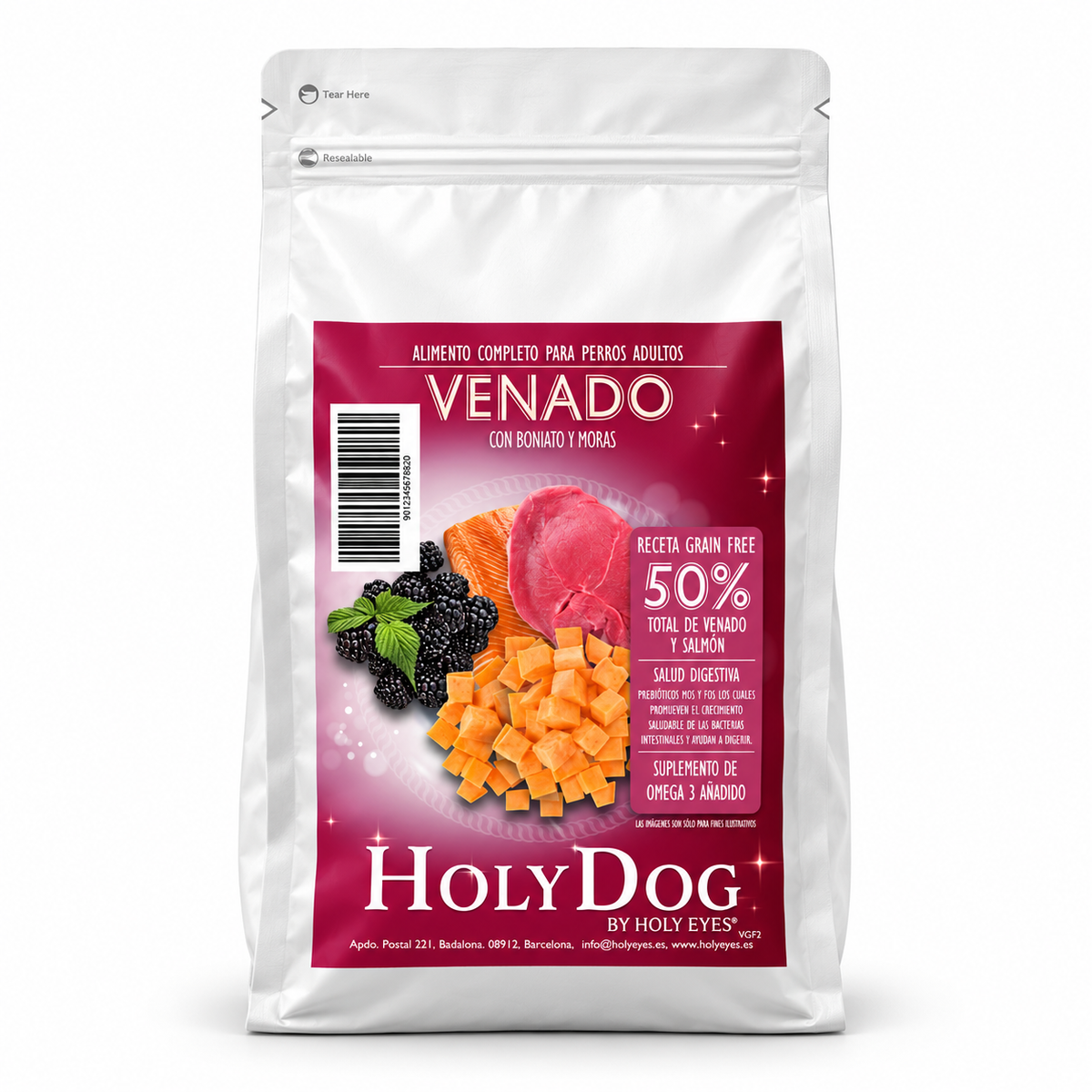 Envase Holy Dog Grain Free Adulto · Venado y Salmón