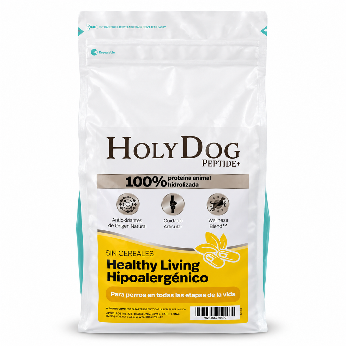 Envase Holy Dog Peptide+ Healthy Living · Hipoalergénico