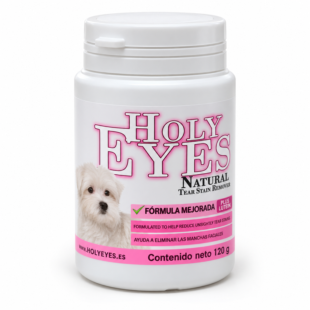 Holy Eyes Natural Tear Stain Remover + Luteína, envase de 120 g