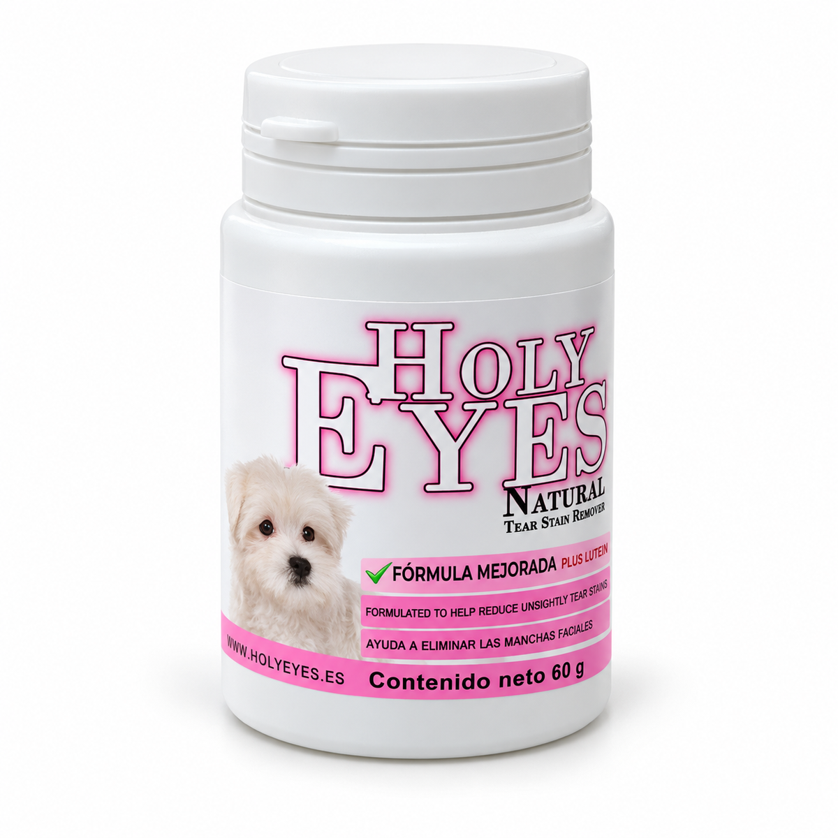 Holy Eyes Natural Tear Stain Remover + Luteína, envase de 60 g