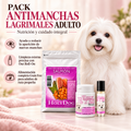 Pack Antimanchas Lagrimales Adulto con un bichón maltés adulto, pienso Holy Dog Salmón y Trucha 2 kg, Natural Tear Stain Remover 60 g y Out Roll-On 14 ml