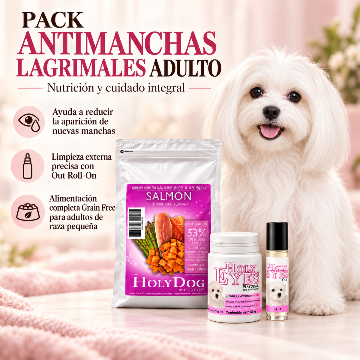 Pack Antimanchas Lagrimales Adulto con un bichón maltés adulto, pienso Holy Dog Salmón y Trucha 2 kg, Natural Tear Stain Remover 60 g y Out Roll-On 14 ml